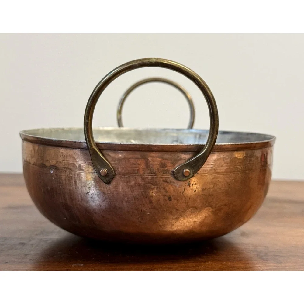 Vintage Hammered Copper Bowl Pot Tin Lined Brass Handles 6